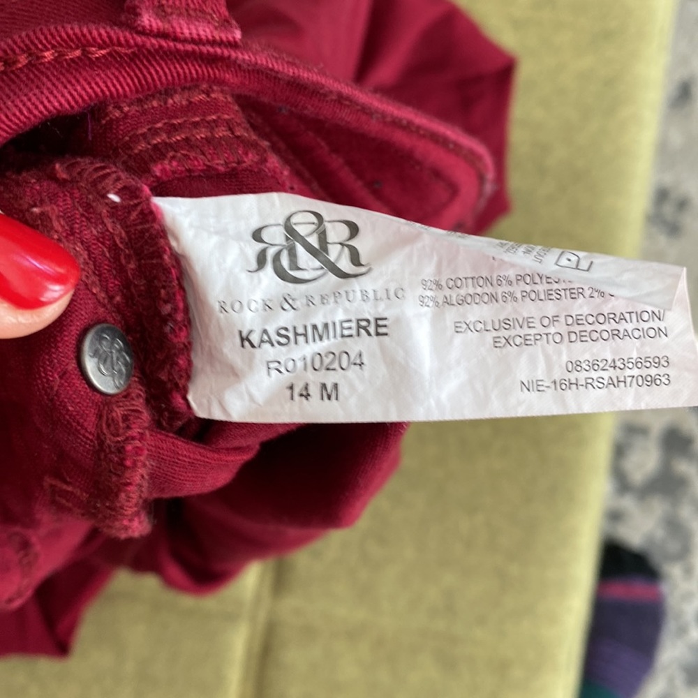 Rock & Republic Kashmiere Red Skinny Jeans Size 14 Stretchy Great Condition - Picture 4 of 4